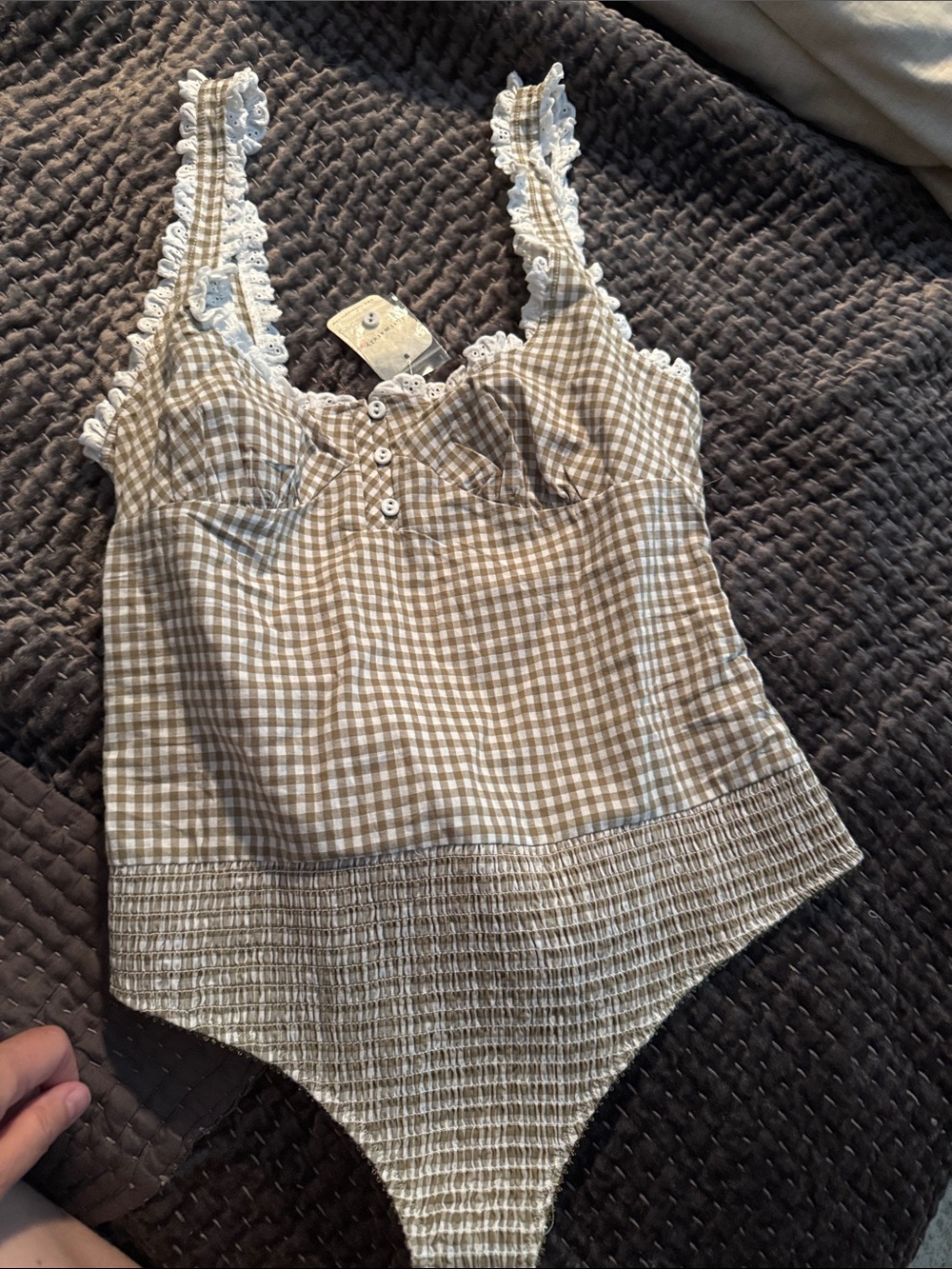 Intimately FP Gingham Lace-Trim Tank Bodysuit in Beige